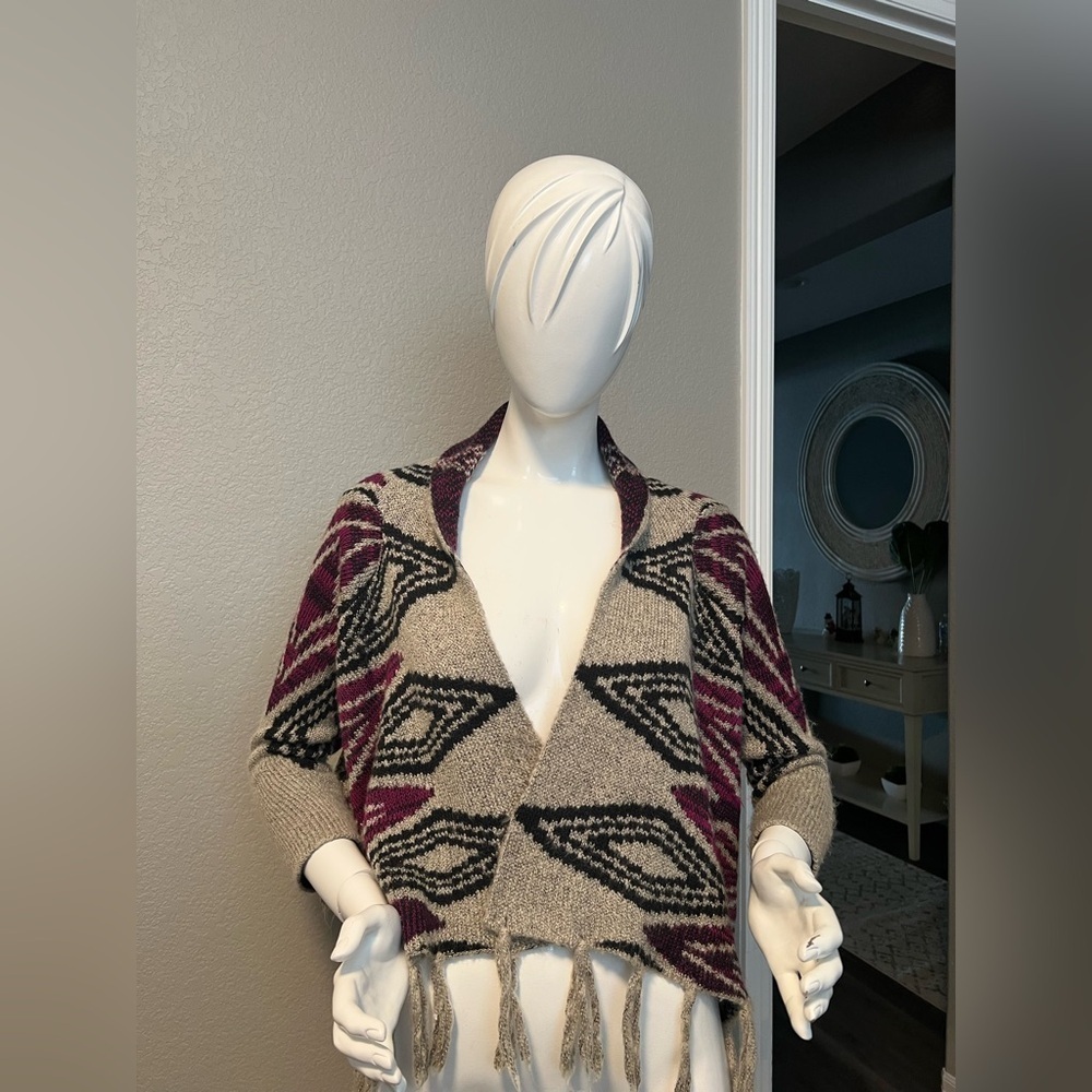Woven Heart Open Front Fringe Poncho/ Sweater size XL